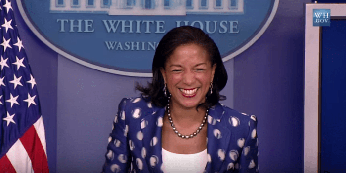 Susan Rice giggles at a July 22 White House Press briefing, after responding to a reporter's question. Credit: White House video.